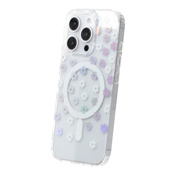 Laser Engraved Floral Rhinestone MagSafe Case For iPhone 16 Pro Max Mini Cream Blossom