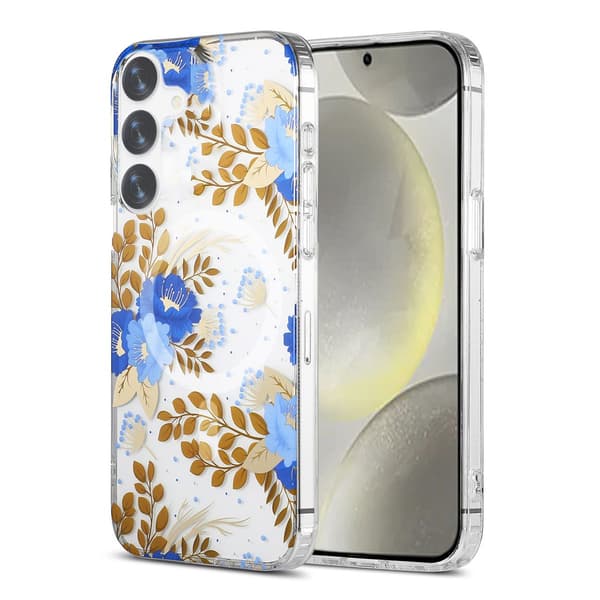 Samsung Galaxy S24 Plus Mobilskal Magnet - Blommor Blå/Guld Blå Guld