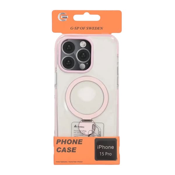Pindun 360°Rotating Stand Magnetic Case For iPhone 15 Pro Pink Transparent