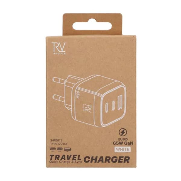 Rvelon Väggladdare 2x USB-C + USB-A 65W GaN - Vit Vit