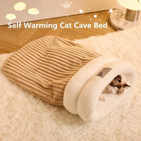 Vintervarm Sovsäck för Katter Mjuk Plysch Katthideout Snuggle Sack Katthåla Säng för Innekatter Beige M
