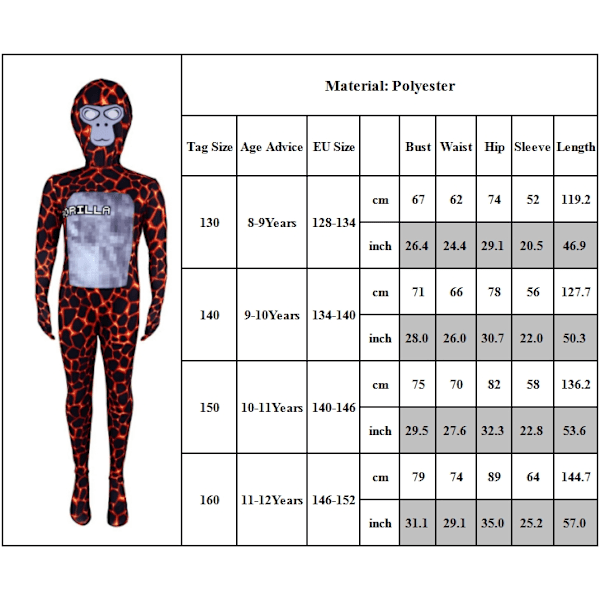 Gorilla Tag Lasten Poikien Halloween-asu - Premium-laatuinen haalari ja naamio asut roolileikkeihin, 8-12 vuotta Red 160cm