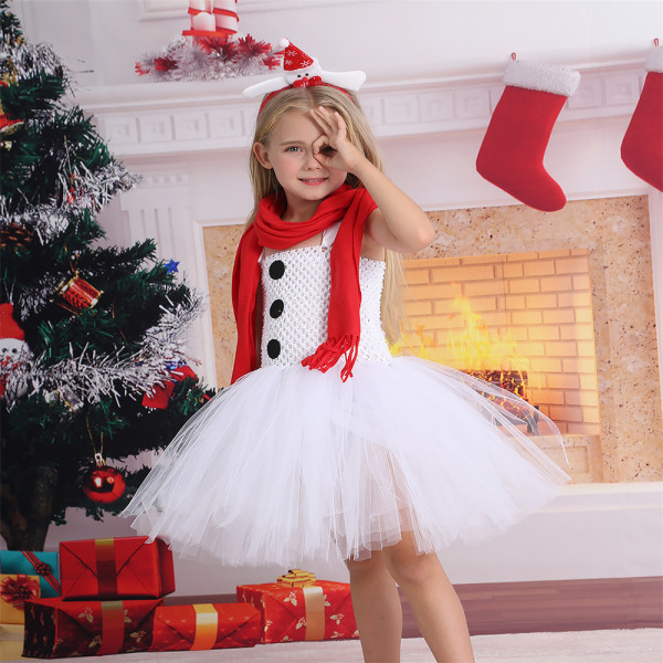 3ST Set White Snowman Tutu Klänning Hårband + Scarf Holiday Set 140CM