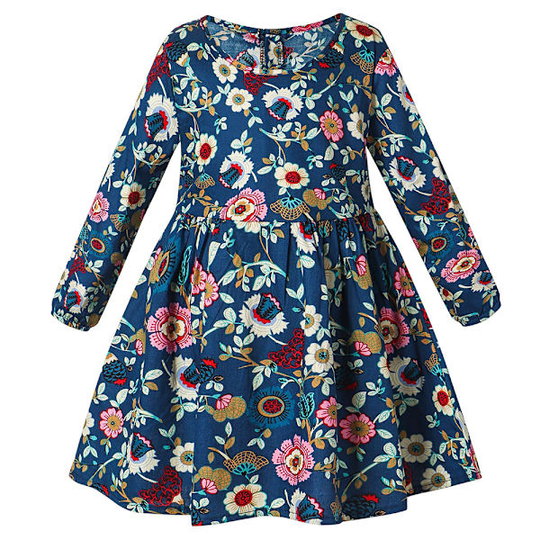 Flickor Casual Tunika Klänningar Småbarn Rund Hals Långärmad Strand Blommig Söta Tryck Snygg Casual Semester Sommarklänning Fancy Klänningar Navy 130cm