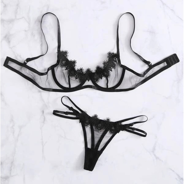 Sexiga underkläder för damer, mesh, genomskinlig ögonfransbikini & låg stringtrosa