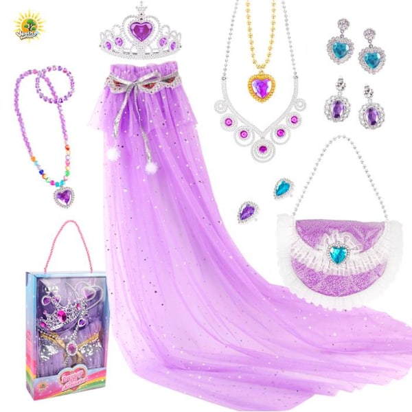 Lilla flickors prinsessklänning, kappa, smycken, presentset för födelsedagsfest, Halloween, karneval, 3-8 år Purple