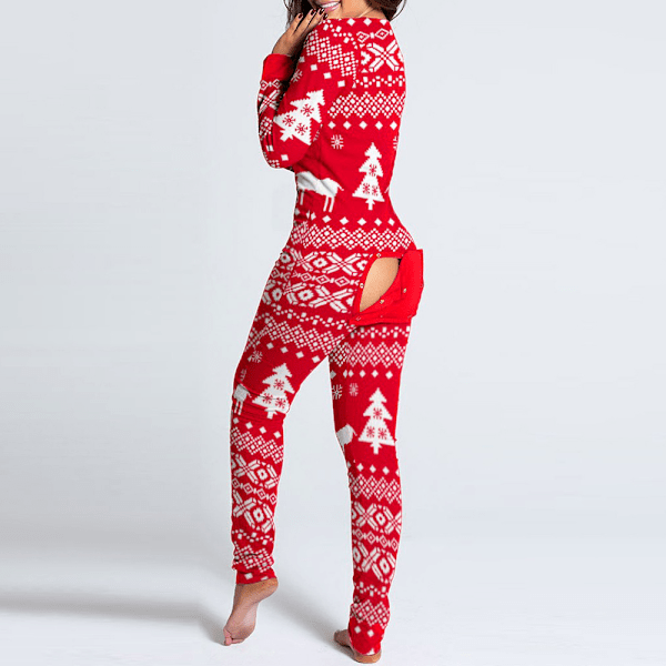 Damebukser Dame Langermet Juleprintet Jumpsuit Pyjamas Red Deer M