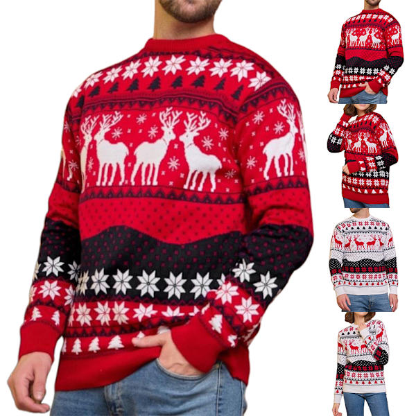Herre Juletrøje Familie Par Varm Tyk Casual Strikket Pullover Top Jul Elg Snefnug Rensdyr Sweatshirt til Julefrokost Nytår Men-White M