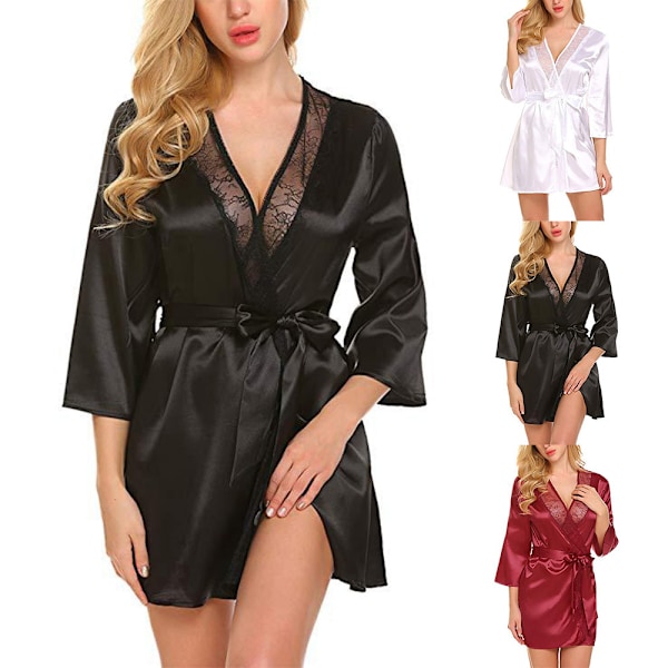 Damunderkläder Satin Siden Nattkläder Damer Sexig Spets Nattlinne Omlottklänning Morgonrock Red XL