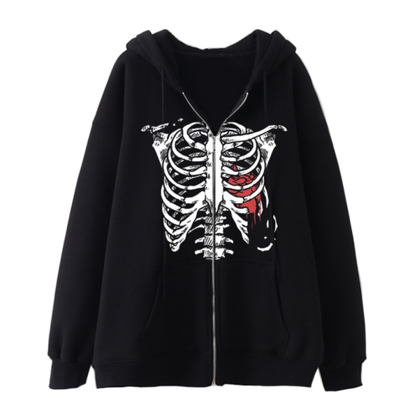 Harajuku hoodie med dragkedja från 90-talet Halloween kostym Rhinestone Skull Print 2XL