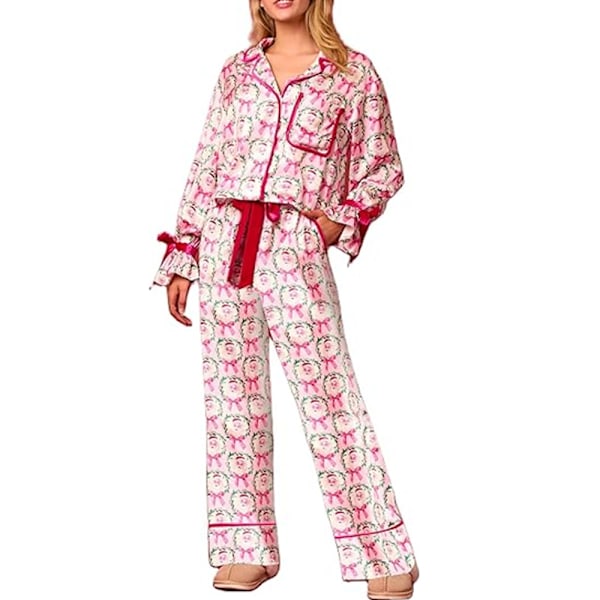 Damjulpyjamas Set med 2 delar, rosett, långärmad skjorta, byxor, nattkläder, pyjamas A M