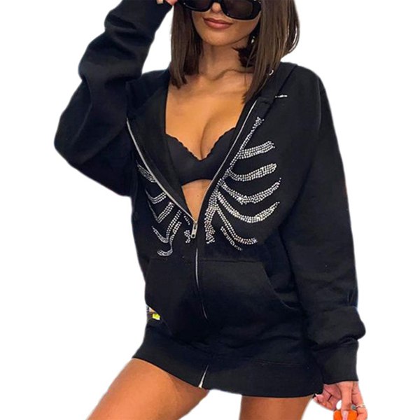 Oversized Rhinestone Skeleton Hoodie Zip Sweatshirt Halloween Black S