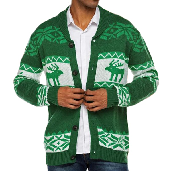 Herr Cardigan Fula Jultröjor Renar Snöflinga Stickad Tröja Jul Toppar Green 3XL