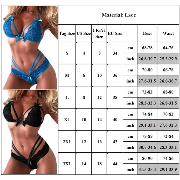 Dame Sexy Blondeundertøy Polstret BH G-streng Sett Nattøy Undertøy Nattkjole Blue 3XL