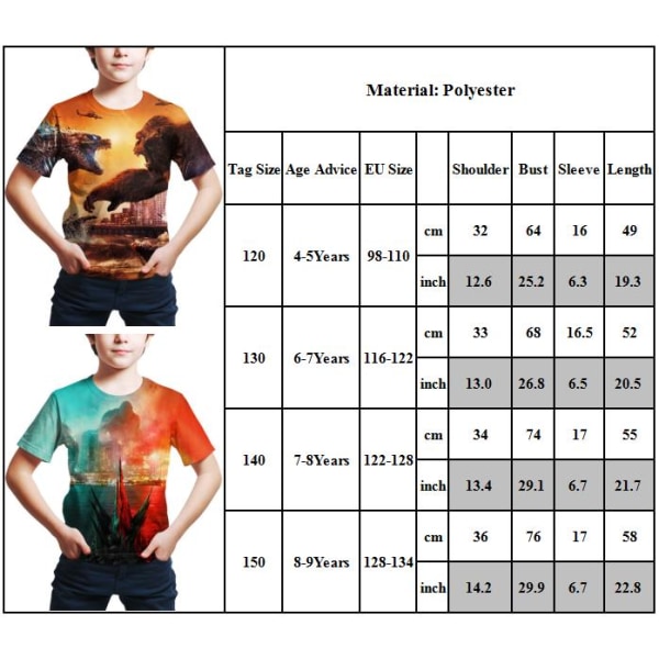 3D Godzilla VS Kong Barn Pojkar Casual kortärmad T-shirt sommartröjor med rund hals A 130cm