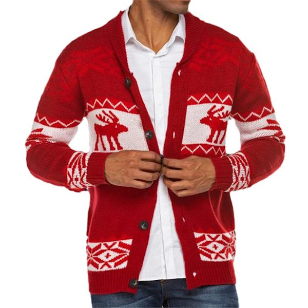 Herre Cardigan Stygge Julegensere Reinsdyr Snøfnugg Strikket Genser Juletopper Red 3XL