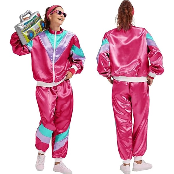 Dame 80'er Træningsdragt Retro Hip Hop Windbreaker Kvinder Disco Træningsdragt Sæt Colorblock Ét Stykke Sæt Rose Red M