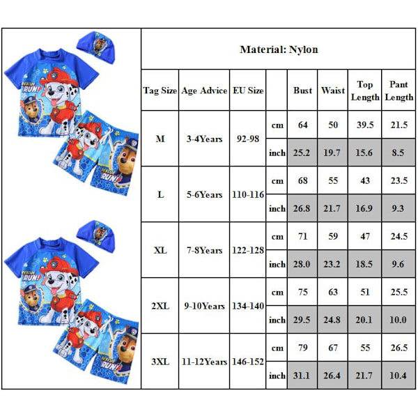 Barn Pojkar Paw Patrol Tryckt 3 Delar Baddräkt Badkläder Strandkläder Baddräkt Toppar Shorts Hatt Set M