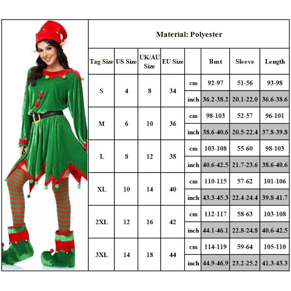 Jultomtekostym för kvinnor i sammetklänning, Santas hjälpare-kostym, juloutfit, tomteluva, skor, öron, bälte, strumpor M