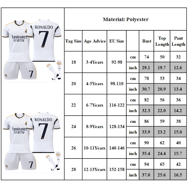 Fotbollströja Barn Nr.7 Vinicius Fans Fotbollströja Kit Hemmamatch Barn Pojkar Jersey Träningsdräkt Tröja+Shorts+Strumpor 12-13Years