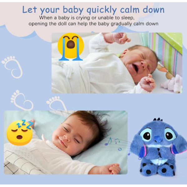 Sömnad Leksak med Andningsrörelse och Musik Ljus, Andnings Sömnad Plyschdocka Baby Ljudmaskin för Sömn Barn Födelsedagspresenter Stressavlastning Blue