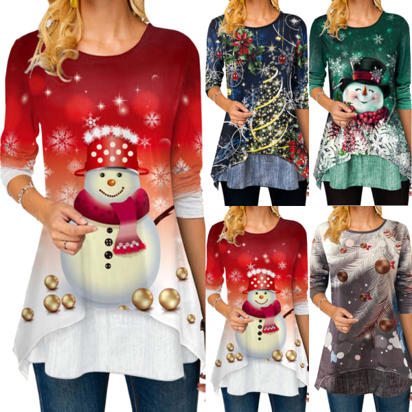 Kvinnor jul snögubbe printed långärmad sweatshirt topp red XL