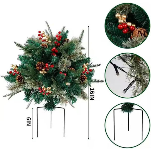 Kunstig juleurnefyld med lys, Foroplyste juletræer med kogler, røde bær, trefodsstativ og 50 LED-lys A