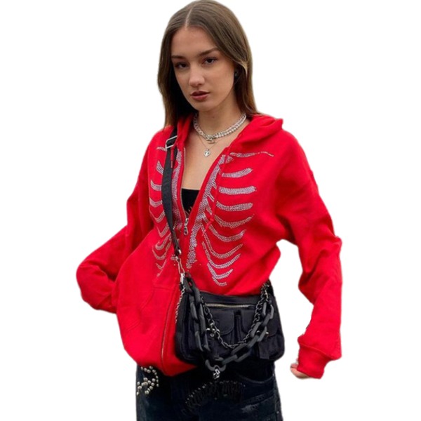 Oversized Rhinestone Skeleton Hoodie Zip Sweatshirt Halloween Red L