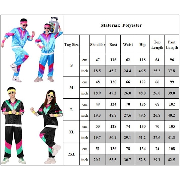 Herre- og dame 80'er træningsdragt retro hip hop vindjakke dame disco træningsdragt sæt colorblock ét stykke outfits vindjakke elastisk taljebånd Purple S