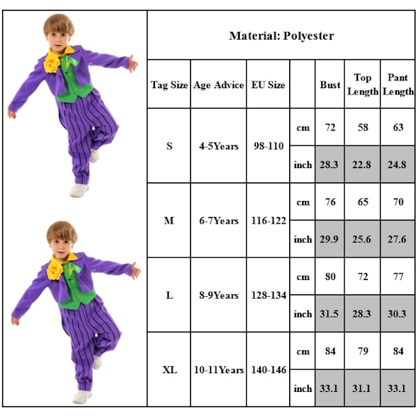 Halloween Cosplay Kostyme for Gutter, The Joker Uniform Sett M