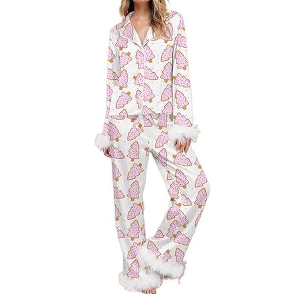 Dam Julpyjamas Set Satin Jultomte Tryck Knappar Fjäderkant Långärmad Nattkläder Pjs 2-delad Loungewear H M