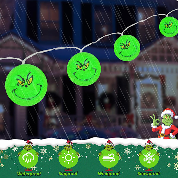 Batteridrevne LED julelys 3 meter julelys 20 LED Grinch lyskæde lys til terrasse havefest boligindretning LED lys 3m