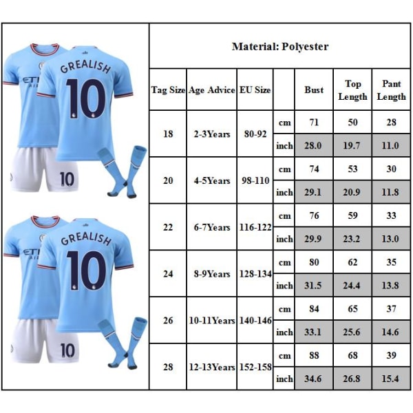 Fotbollströja Barn Manchester City NO.10 GREALISHFotbollströja Kit Hemma Match Barn Pojkar Jersey Träningsoverall Tröja+Shorts+Strumpor 24