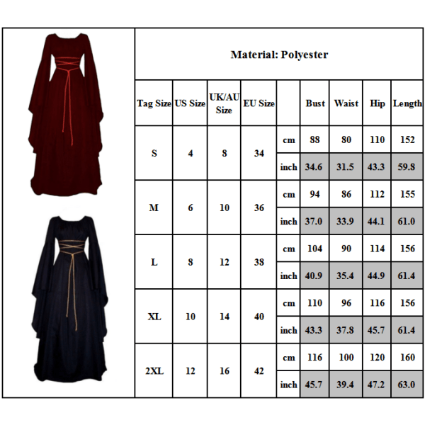 Gotisk långärmad häxklänning för damer Halloween Cosplay kostym navy bule 2XL