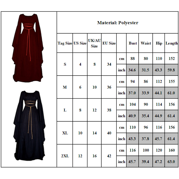 Naisten goottilainen pitkähihainen noitapuku Halloween-cosplay-asu wine red XL