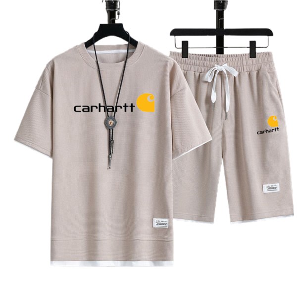 Carhart Logo Träningsoverall Kortärmad T-shirt Topp och Shorts Sommar Street Apricot L