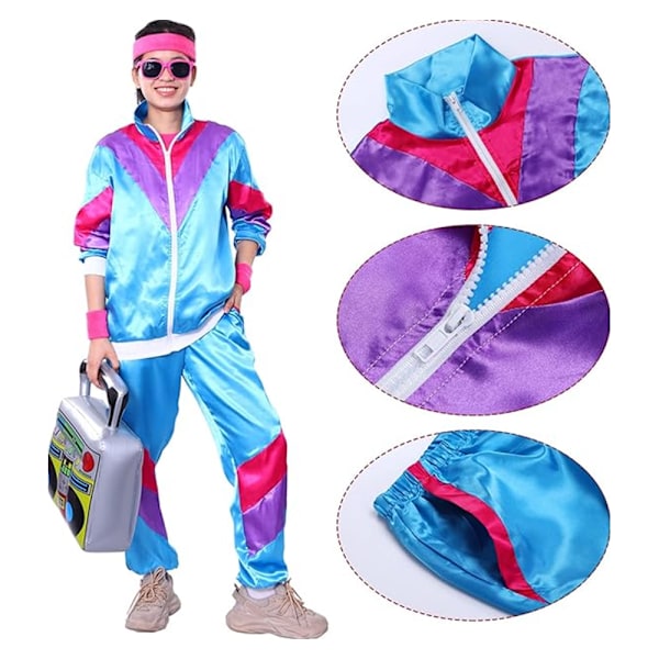 Herre- og dame 80'er træningsdragt retro hip hop vindjakke dame disco træningsdragt sæt colorblock ét stykke outfits vindjakke elastisk taljebånd Blue 2XL