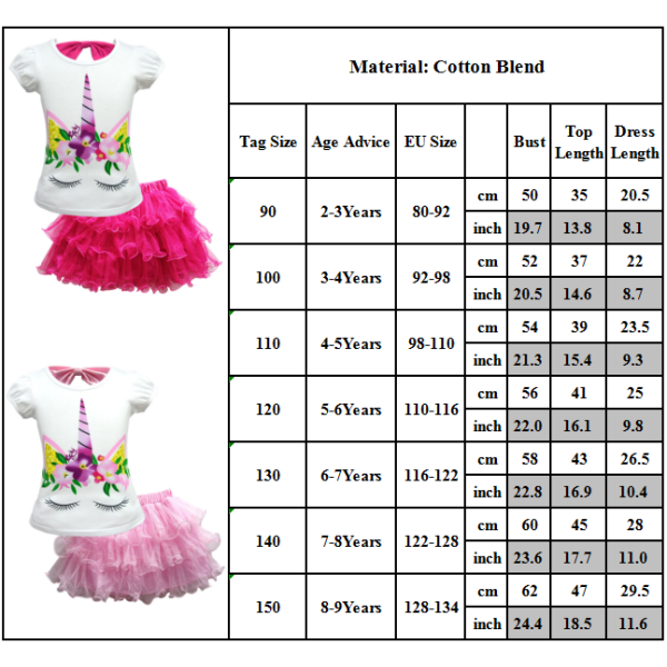Kids Girls Unicorn kortärmad T-shirt & Mesh Kjol Set Party pink 90cm