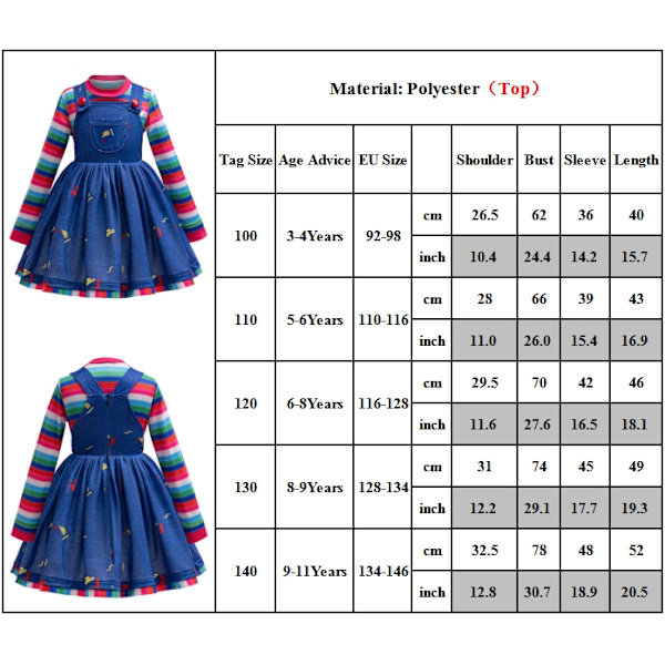 Flickors barnspel Chucky klänning Cosplay kostym Halloween festklänning utklädningskläder 120cm