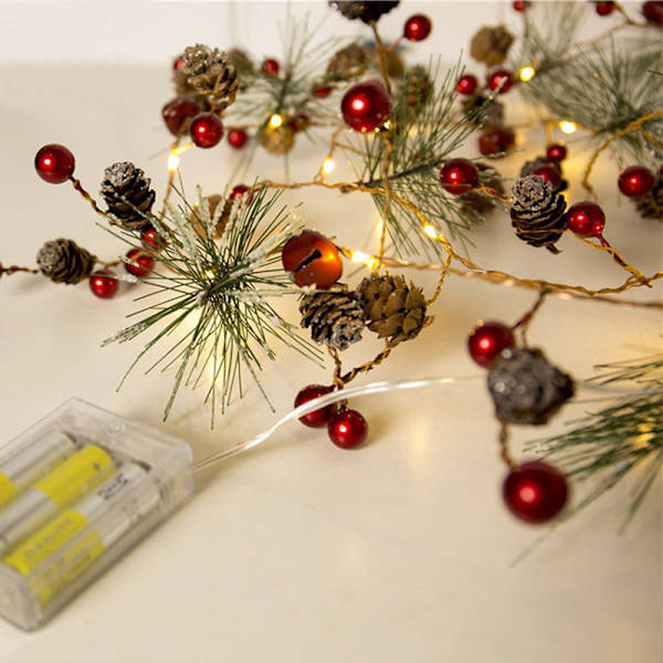 Joulu Xmas 2M 20LED Mäntykäpy Seppele Paristokäyttöiset Koristevalot Red Bead and Pine Cone