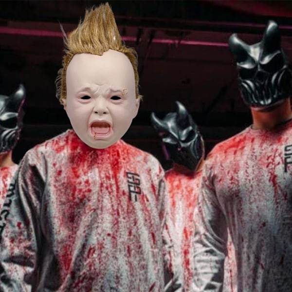 Pelottavat ja hilpeät lateksipäähineet, itkevä punk-vauva, realistinen itkevä punk-vauva uutuus Halloween-naamiaisasu lateksipää