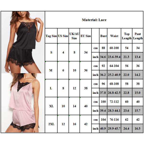 Damer Spetspyjamas Nattkläder Lös silkeslen Slip Top + Shorts black M