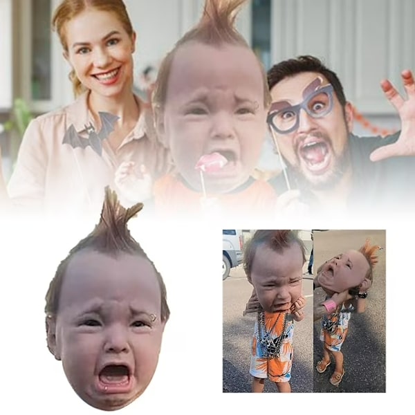 Pelottavat ja hilpeät lateksipäähineet, itkevä punk-vauva, realistinen itkevä punk-vauva uutuus Halloween-naamiaisasu lateksipää