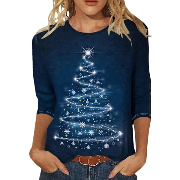 Julkläder för kvinnor, Glittrande Julgran, 3/4 Ärmar, Rundhalsad Topp, Lös Blus, Elegant & Casual, Plus Storlek, Grafisk T-shirt, Höstkläder 2024 #3 2XL