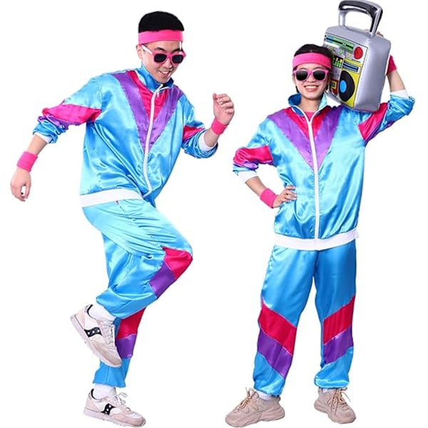 80-tals Tracksuit för Herr & Dam - Retro Hip Hop Vindjacka, Disco Tracksuit Set, Färgblock, Helkroppskläder, Vindjacka, Elastisk Midja Blue XL
