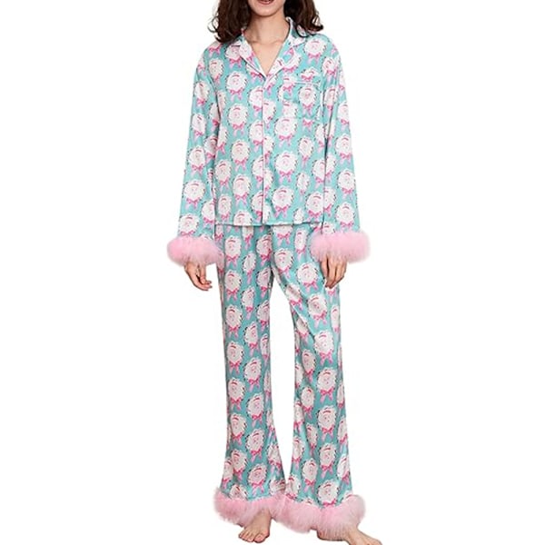 Dam Julpyjamas Set Satin Jultomte Tryck Knappar Fjäderkant Långärmad Nattkläder Pjs 2-delad Loungewear J S