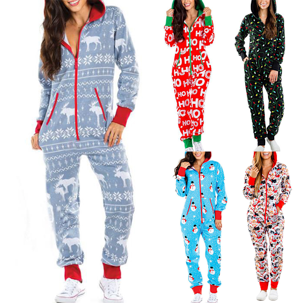 Damjulklänning med Huva, Jultryck, Pyjamas Jumpsuit, Loungewear, Kläder, Blixtlås C M