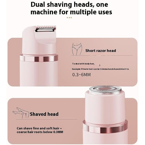 Elektrisk barbermaskin med to hoder, bikiniklipper for kvinner, smertefri epilator for kvinner, hårfjerningsenhet, automatisk hårtrimmer for armhuler, ansikt, lepper, ben Pink