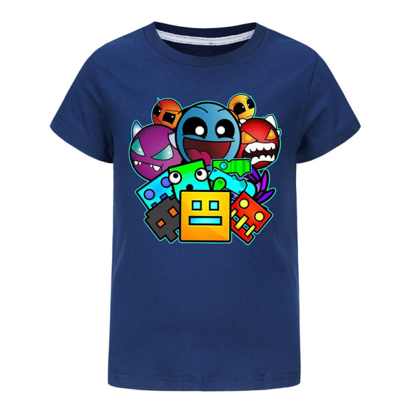 Barn Gutter Jenter Geometry Dash Trykk Bluse Sommer Kort Ermet T-skjorte Tee Topp Navy blue 140cm