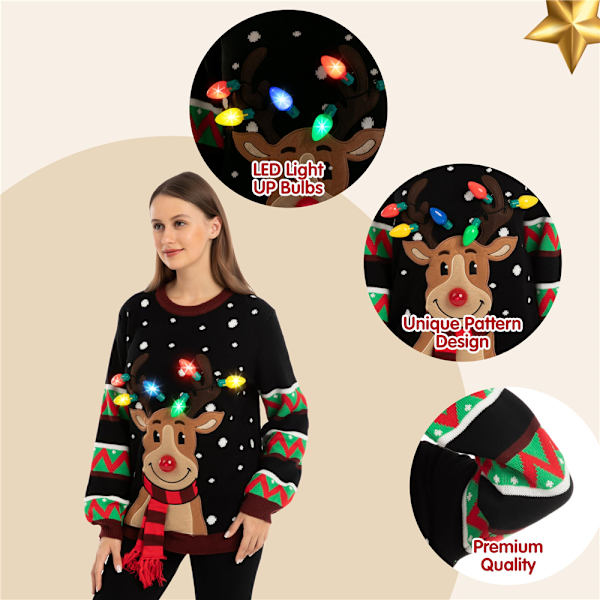 Naisten valaistut rumat jouluneuleet, hauska LED-poro jouluneule naisille, juhlava neule Black XL
